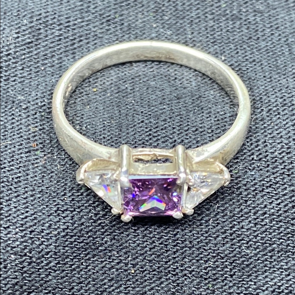 Modern Sterling Silver and Purple Gemstone Ring with Cathedral Setting